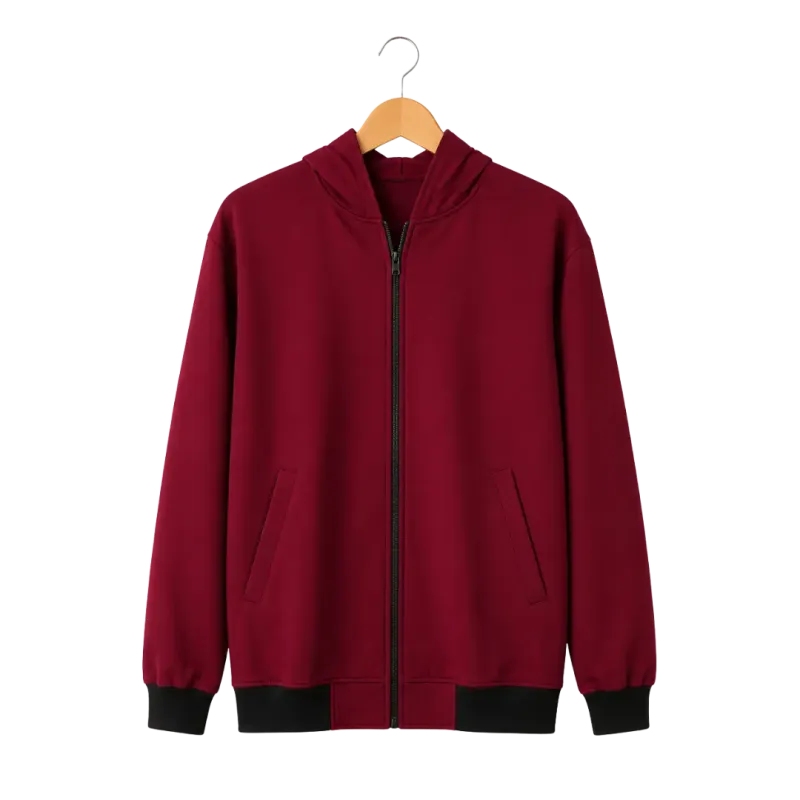 Pakaian pria Jaket Hoodie resleting warna Maroon berbahan Cotton Fleece