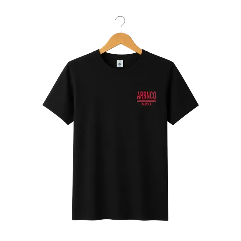 Pakaian pria Kaos desain minimalis logo ARRNCO warna Hitam gaya hangout kasual