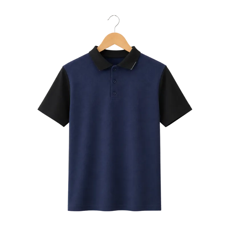 Pakaian pria Kemeja Polo kerah rib warna Hitam berbahan Cotton Pique bergaya kasual