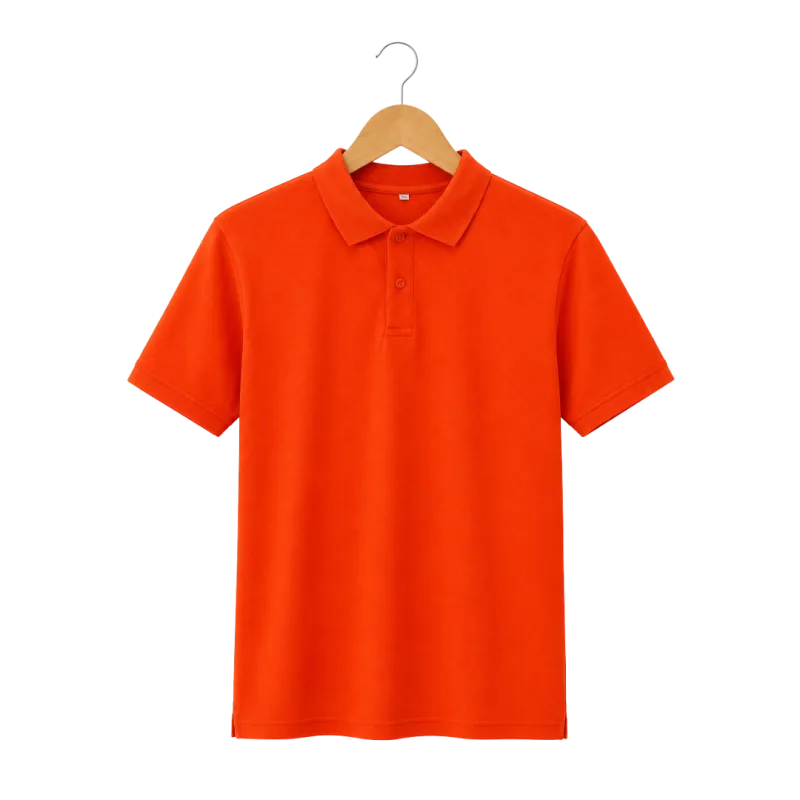 Pakaian pria Kemeja Polo kerah rib warna Jingga berbahan Cotton Pique bergaya kasual